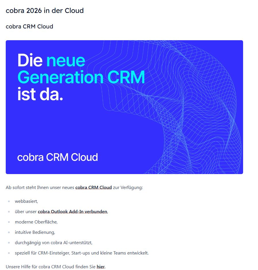 cobra Neuheiten-Portal: Ankündigung der cobra CRM Cloud für Einsteiger und kleine Teams