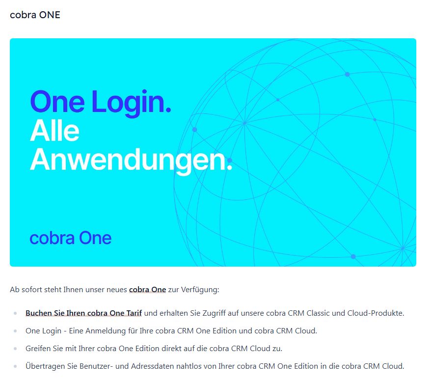 Screenshot des cobra Neuheiten-Portals mit der Ankündigung „One Login. Alle Anwendungen.“